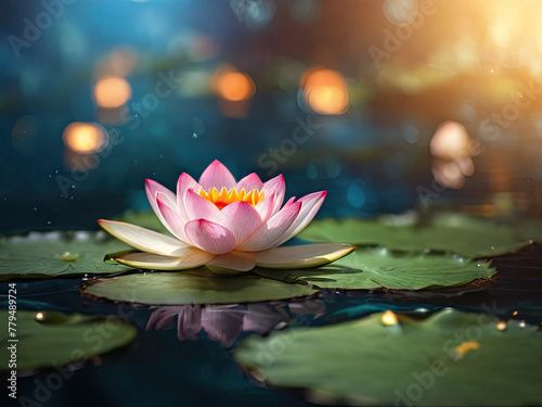 Beautiful pink lotus flower in the pond with sunlight background.