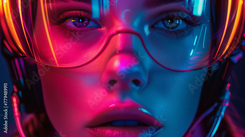 Woman with Futuristic Neon Reflections  Cybernetic Elegance Close-up