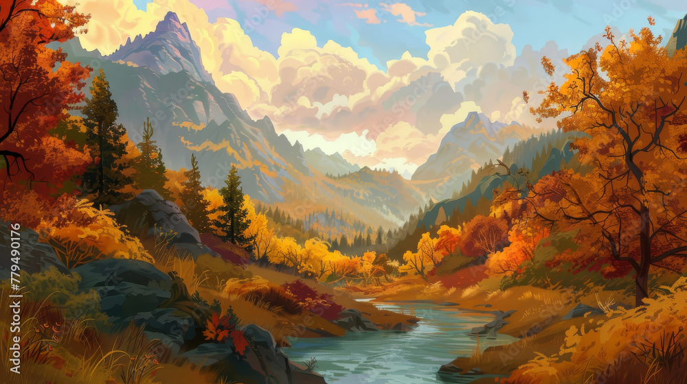 A painting of a mountain valley with a river running through it