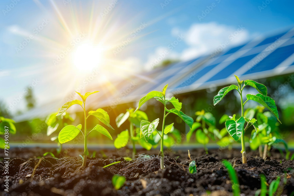 A group of young plants are growing in a field with a solar panel in the background, sustainable and renewable energy concept. A group of young plants are growing in a field with a solar panel in the background, sustainable and renewable energy concept.