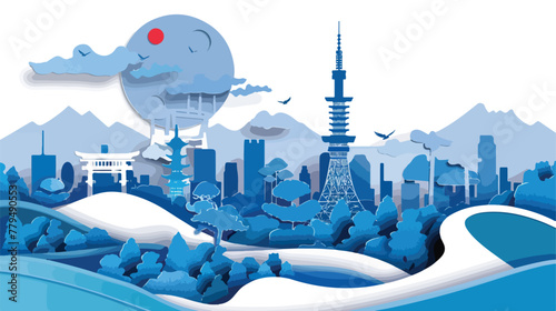Panorama view of Japan and city skyline with world fa
