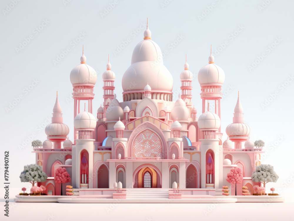 3D cartoon oriental architectural style: pink and blue dream palace