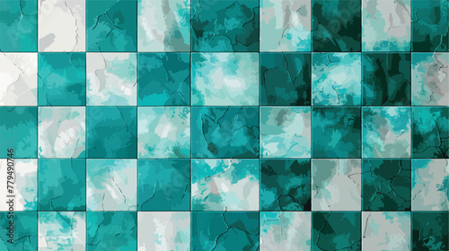 Patchwork quilt made of turquoise cells. Quilted fabr photo