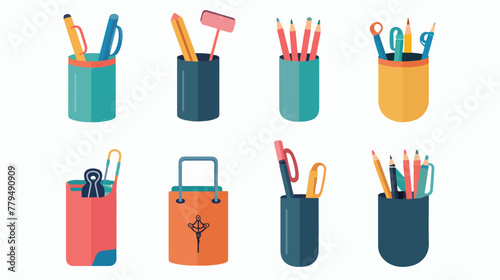 Pencil holders office icons Flat vector isolated on white
