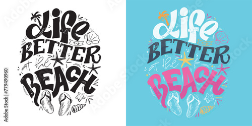 Summer vibes - cute hand drawn doodle letetring quote. Lettering ptint t-shirt design, mug print about summer.