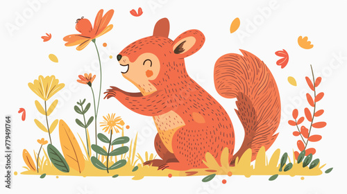 The happy squirrel is holding the flower and falling