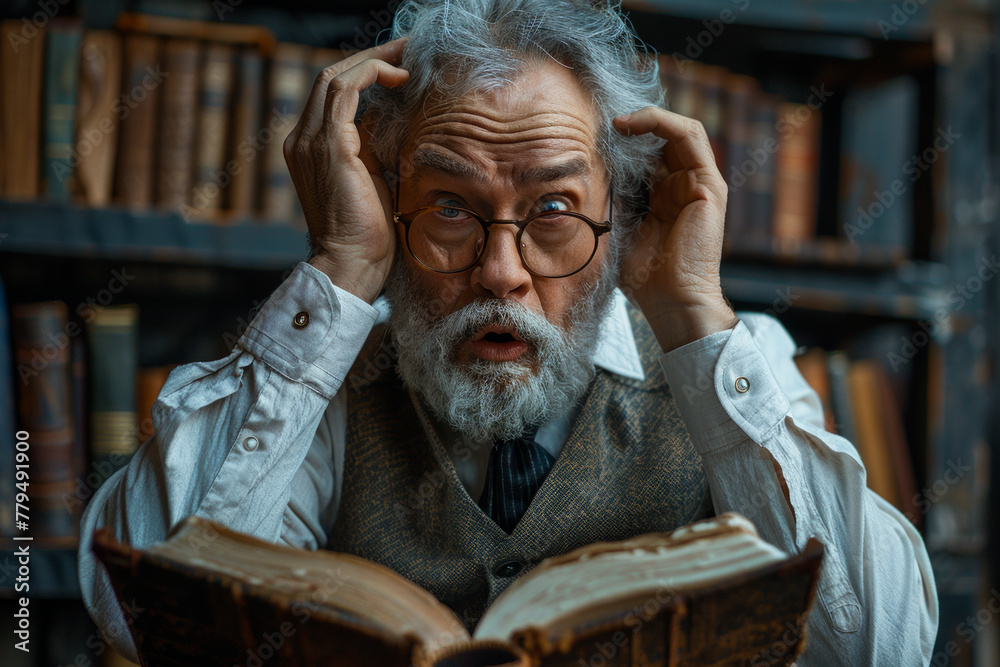 Portrait of senior man with open mouth reading book in library.