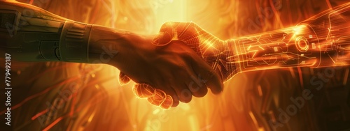 Glowing digital futuristic background. Handshake, concept of partnership, collaboration, AI.
