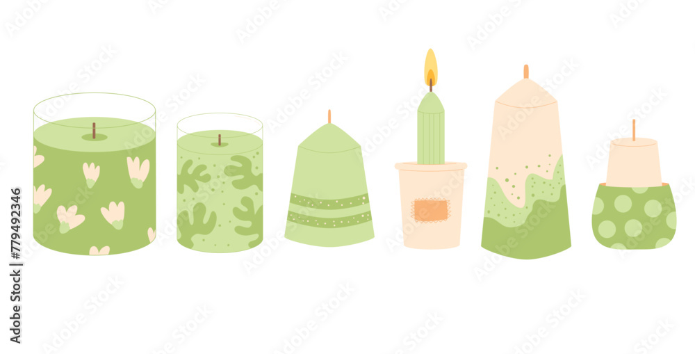 Scented soy candles set. Handmade aromatic candlelight isolated in white background. Hygge time and handcraft. Aromatherapy and relaxation home decor. Vector hand drawn illustration Scented soy candles set. Handmade aromatic candlelight isolated in white background. Hygge time and handcraft. Aromatherapy and relaxation home decor. Vector hand drawn illustration