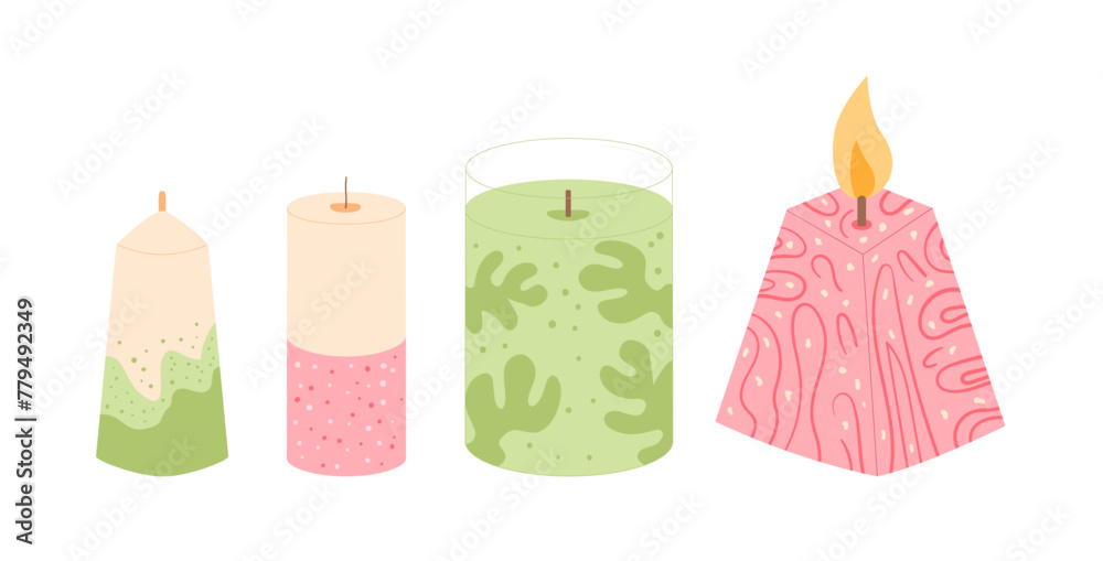 Candles set. Handmade aromatic candlelight isolated in white background. Hygge time. Aromatherapy and relaxation home decor. Vector cartoon illustration. - obrazy, fototapety, plakaty 