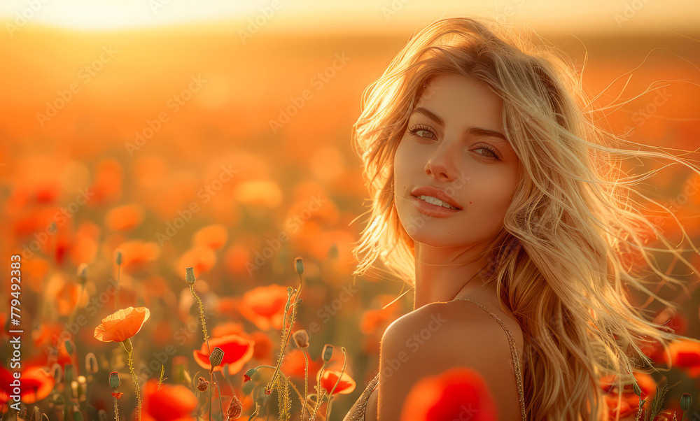 Naklejka premium Beautiful young woman stay on the poppy field with sunset
