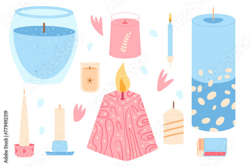 Scented candles different shapes set. Wax, soy, paraffin candles in containers pillar. Spa accessories for relax collection isolated. Interior cosy decoration. Vector flat illustration