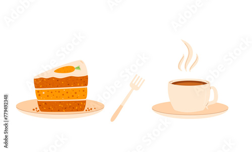Coffee espresso cup with slice of carrot cake and fork. Sweet bakery piece with hot beverage. Pastry dessert with cream for breakfast. Vector pie and drink illustration isolated on white background