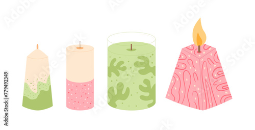 Candles set. Handmade aromatic candlelight isolated in white background. Hygge time. Aromatherapy and relaxation home decor. Vector cartoon illustration.