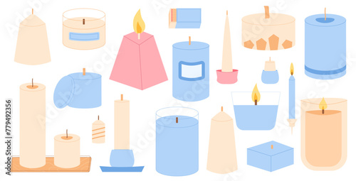 Scented crafted candles different shapes set. Wax, soy, paraffin candles in jar, containers pillar. Aroma spa accessories for relax collection. Home decor items. Vector flat illustration