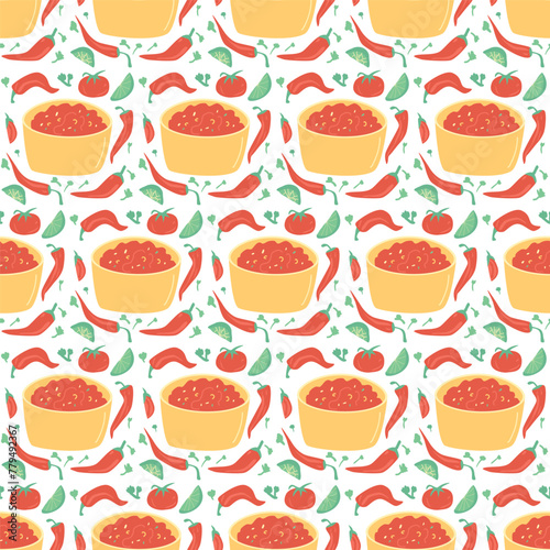 Salsa sauce seamless pattern. Mexican cuisine repeat background. Salsa rojo red endless cover. Traditional mexican food loop ornament. Vector illustration.