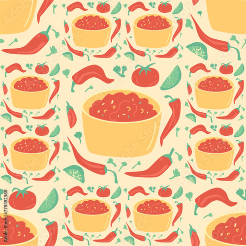 Salsa sauce seamless pattern. Mexican cuisine repeat background. Salsa rojo red endless cover. Vector hand drawn illustration.