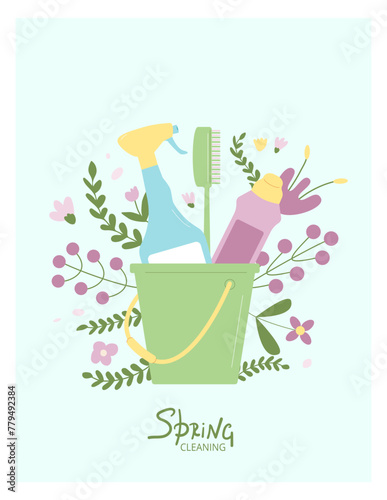 spring cleaning banner. Bucket with brushes and bottles for cleanup. Cleaner tools and flowers. Seasonal washing concept Vector flat illustration