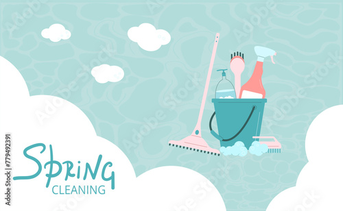 Spring cleaning banner template. Equipment elements for wash home with lettering background. Housework concept. Bucket, gloves and mop spray various tools. Vector flat illustration