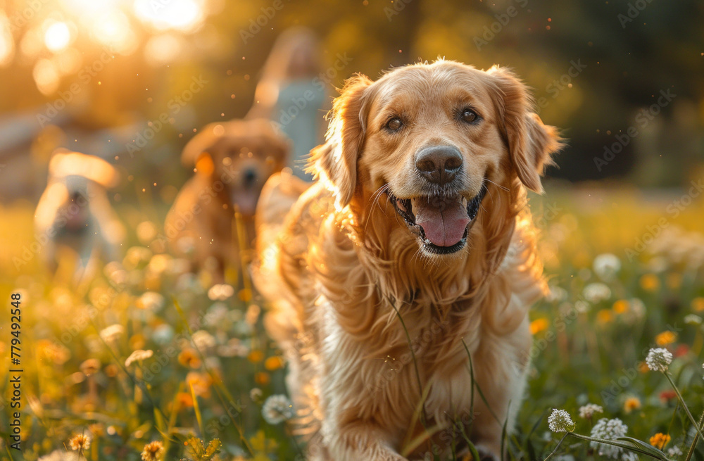 Beautiful dogs run around the field on the grass and play with dandelions Beautiful dogs run around the field on the grass and play with dandelions