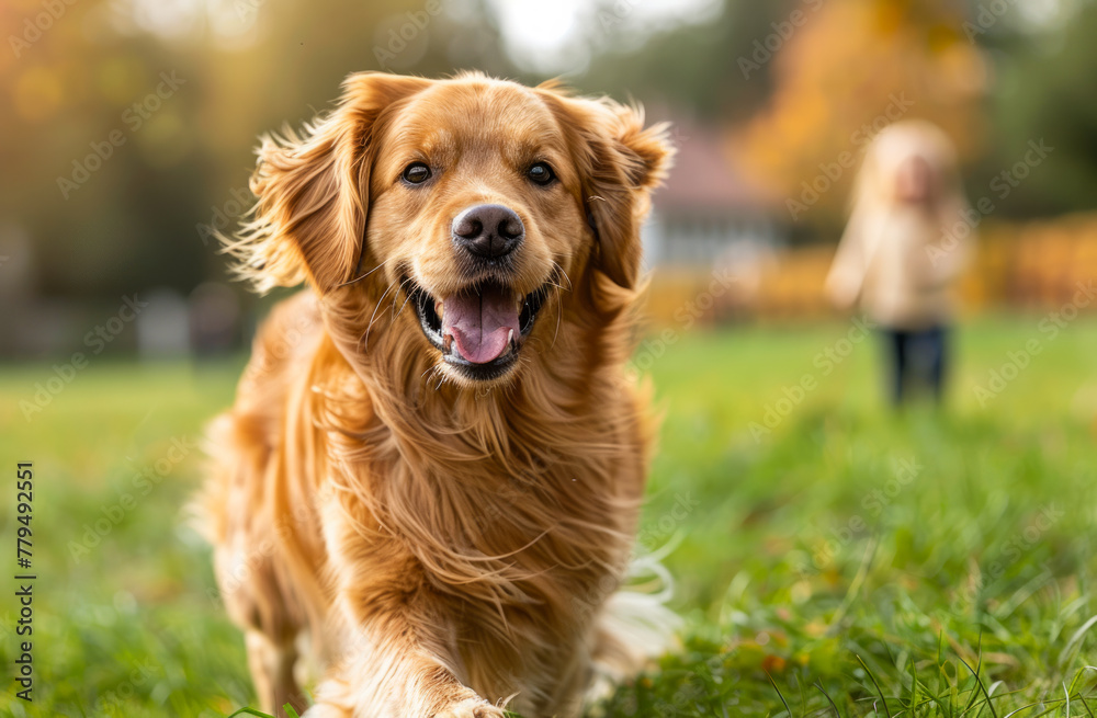 Happy healthy dog runs through grassy field with girl in the background. Happy healthy dog runs through grassy field with girl in the background.