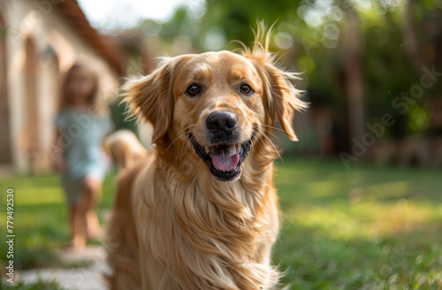 Happy Golden Retriever dog is running towards the camera with little girl in the background