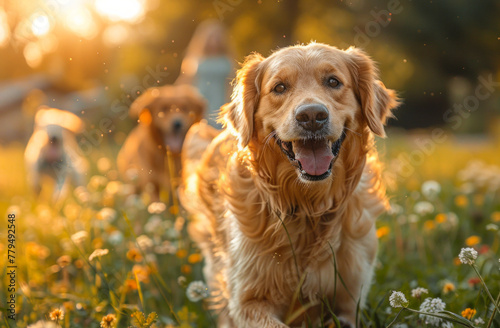 Beautiful dogs run around the field on the grass and play with dandelions