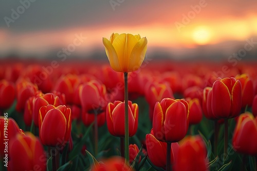 In a vibrant springtime field, yellow tulip blooms, soaking in the morning sunlight #779492965