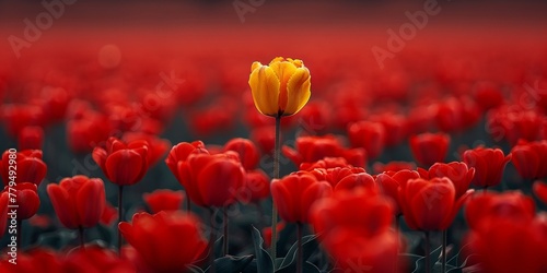 In a sunlit field, vibrant yellow tulip stands out amidst a sea of red blooms