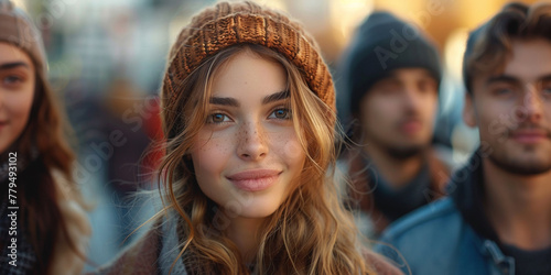 A pretty young woman smiles joyfully  wearing a hat  exuding beauty and style outdoors