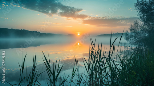 Misty Lake Sunrise with Reeds
