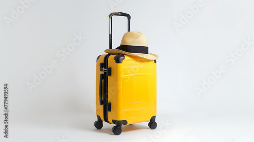 A travel luggage holds a hat in it, Realistic photo, stock photography, isolated on white background