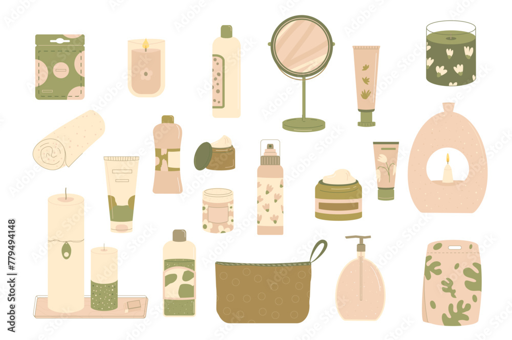 Beauty products set. Cleansing and moisturizing face skincare. Serum and cream for spa. Skin, eyes, body cosmetics bottles, containers and tubes. Vector illustration isolated on white background