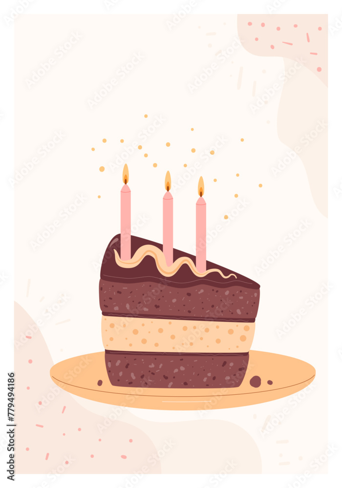 Happy Birthday greeting card with cake slice. Sweet bakery holiday. Pastry dessert with cream and candles festive flyer. Vector pie hand drawn illustration background.