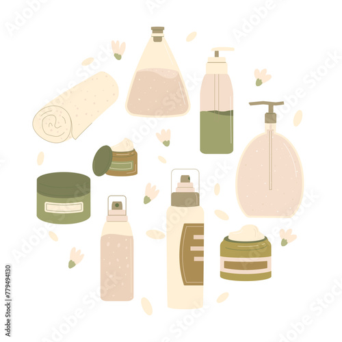 Beauty spa products circle emblem. Cleansing and moisturizing face skincare round composition. Serum and cream for spa. Skin, body cosmetics bottles, containers and tubes. Flat vector illustration