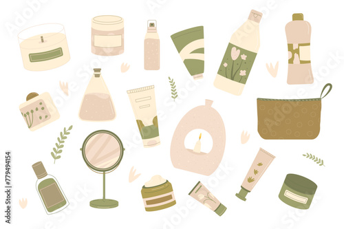 Beauty face and body products set. Cleansing and moisturizing skincare. Serum and hand cream for spa. Skin, eyes, body cosmetics bottles, containers and tubes. Flat vector illustration.