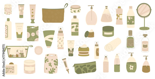 Skincare at home. Body cosmetics bottles, containers and tubes. Beauty products set. Cleansing and moisturizing face. Serum and lotion for spa. Vector illustration isolated on white background.