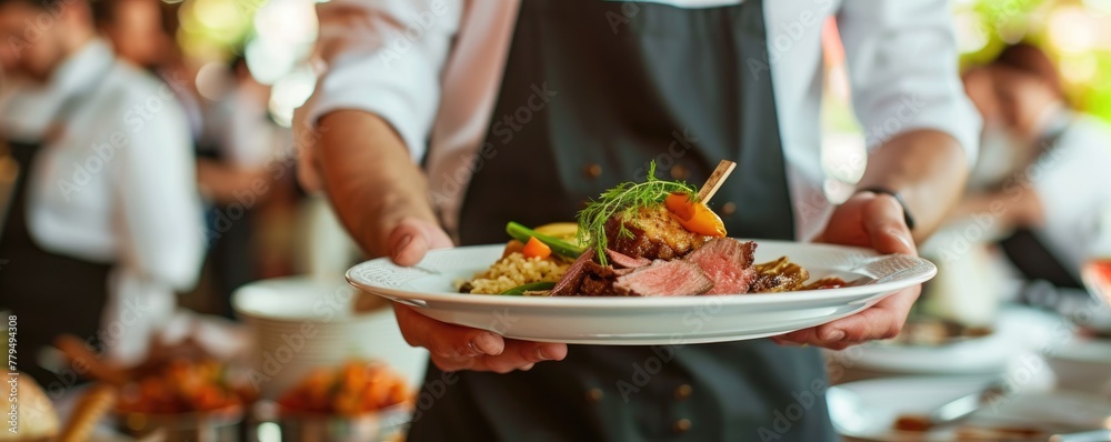 Waiter carry plate with steak meat or fresh dish on wedding ceremony. banner.