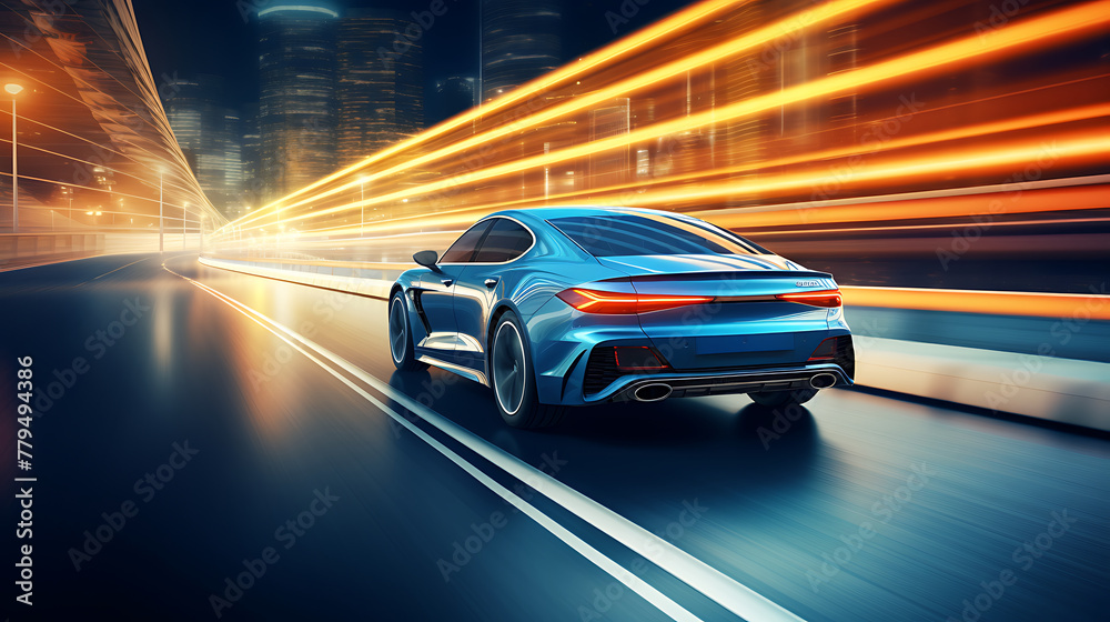 A blue car is driving down a highway. The car is moving fast and is surrounded by a blur of blue. The car is the main focus of the image, and it is in motion A blue car is driving down a highway. The car is moving fast and is surrounded by a blur of blue. The car is the main focus of the image, and it is in motion