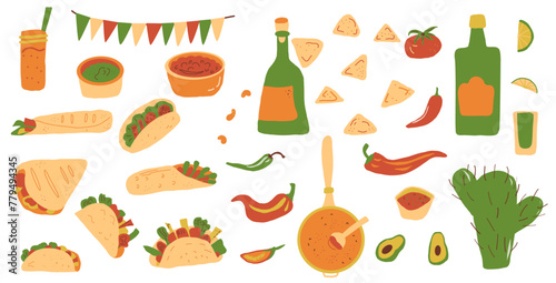 Mexican food set. Sauce salsa, guacamole. Burrito, taco, nacho. Traditional culture cuisine. Vector flat hand drawn illustration isolated.