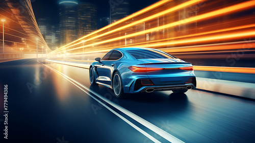 A blue car is driving down a highway. The car is moving fast and is surrounded by a blur of blue. The car is the main focus of the image, and it is in motion  photo