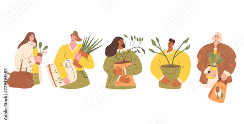 People with plants and gardening sampling isolated on white background. Horticulture gardener hobby characters set. Women and man portrait with home garden purchase. Vector illustration.
