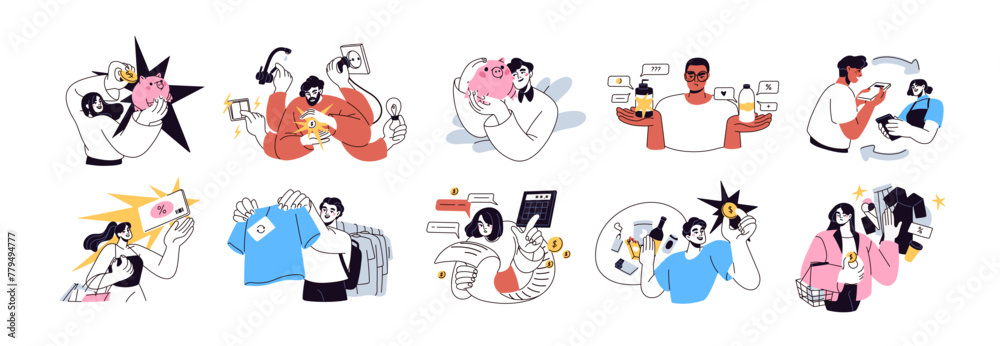 People saving money set. Stingy characters and personal finance. Planning, calculating expenses, profit. Careful budgeting, financial concept. Flat vector illustration isolated on white background - obrazy, fototapety, plakaty 