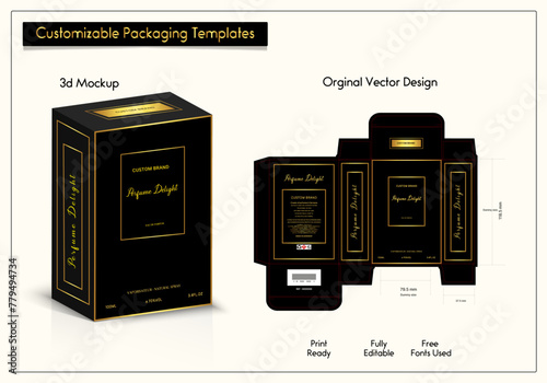 package box die cut with 3d mockup design elements, labels, icons, frames, for packaging, and design of luxury products. for perfume, Isolated on a Black and Gold background. vector illustration.