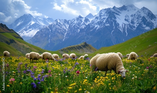 A herd of sheep grazes on green wild meadow  surrounded by mountains photo