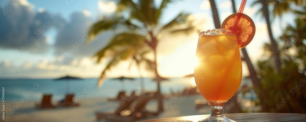 Cocktail drink at sunset beach in background. tropical sunny beach drink - obrazy, fototapety, plakaty 