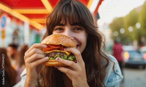 Woman eating favorite cheeseburger near fast food outside. eating burger detail