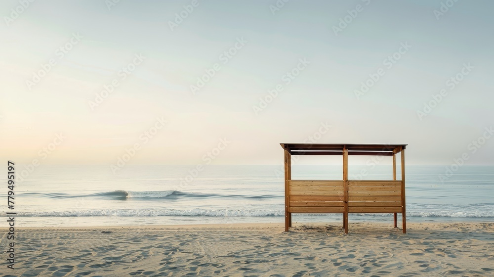 An empty beach with a wooden product display stand, early morning sea light mixing with sunrise light, creating a serene, inviting shopping experience