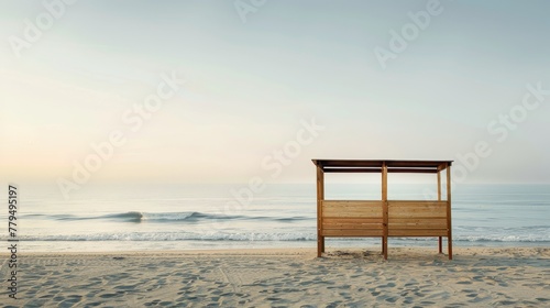 An empty beach with a wooden product display stand, early morning sea light mixing with sunrise light, creating a serene, inviting shopping experience © Paul