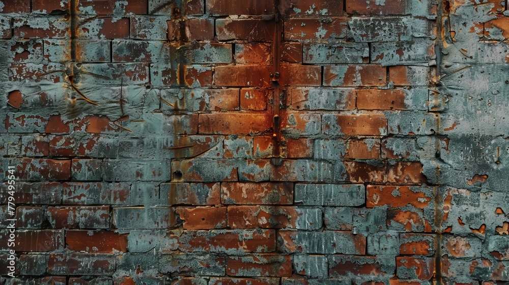 An old wall tells a story of time, its rusted grain patterns creating a striking contrast against the enduring character of brick - obrazy, fototapety, plakaty 